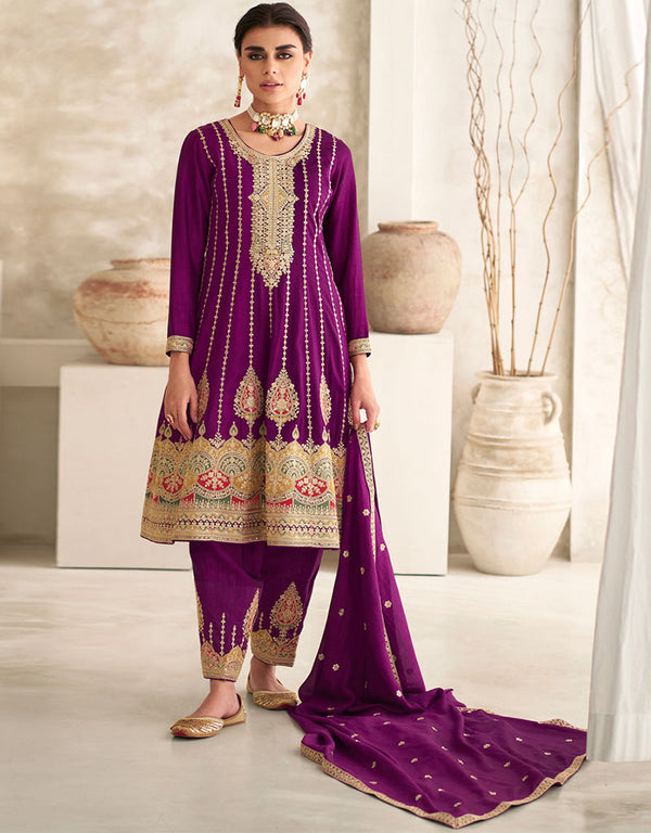 Treding Party Wear Premium Silk Premium Salwar Suit Plum Velvet Premium Silk Pant Suit Front View